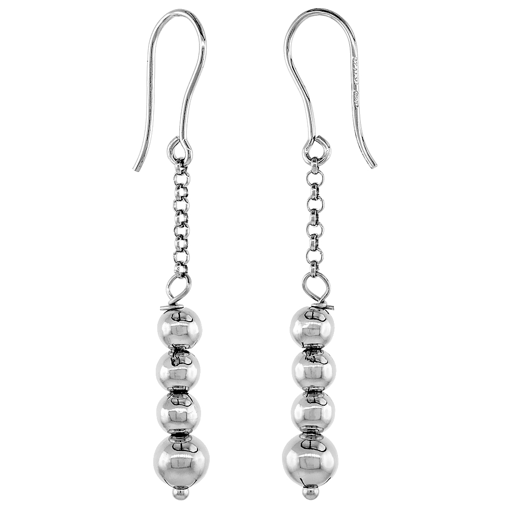 STERLING SILVER ITALIAN DANGLE BALL FISHHOOK EARRINGS RHODIUM FINISH, 1 1/4 INCH LONG