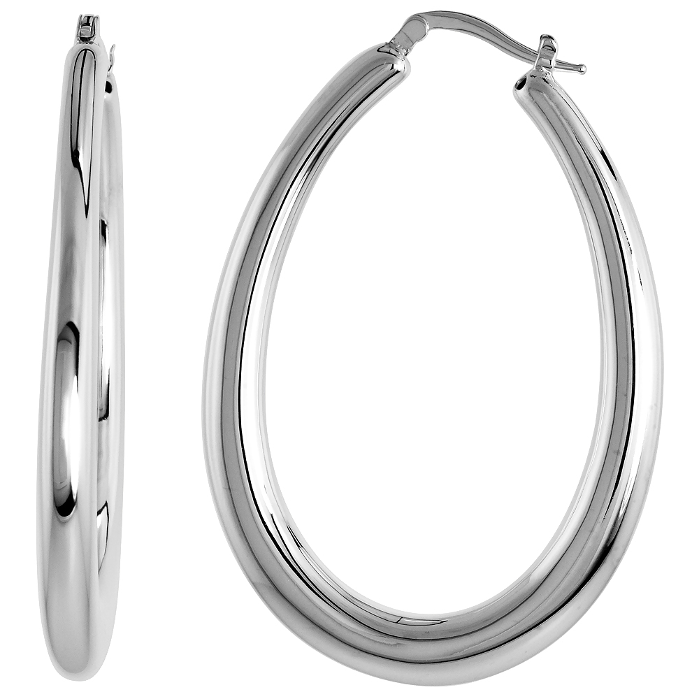 STERLING SILVER LARGE PLAIN OVAL HOOP EARRINGS ELECTROFORMED, 2 1/16 INCH WIDE