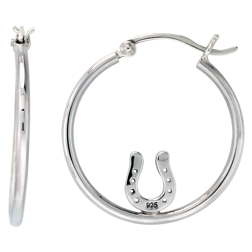Sterling Silver Horseshoe Earrings Hoops, 1 1/8 inch long
