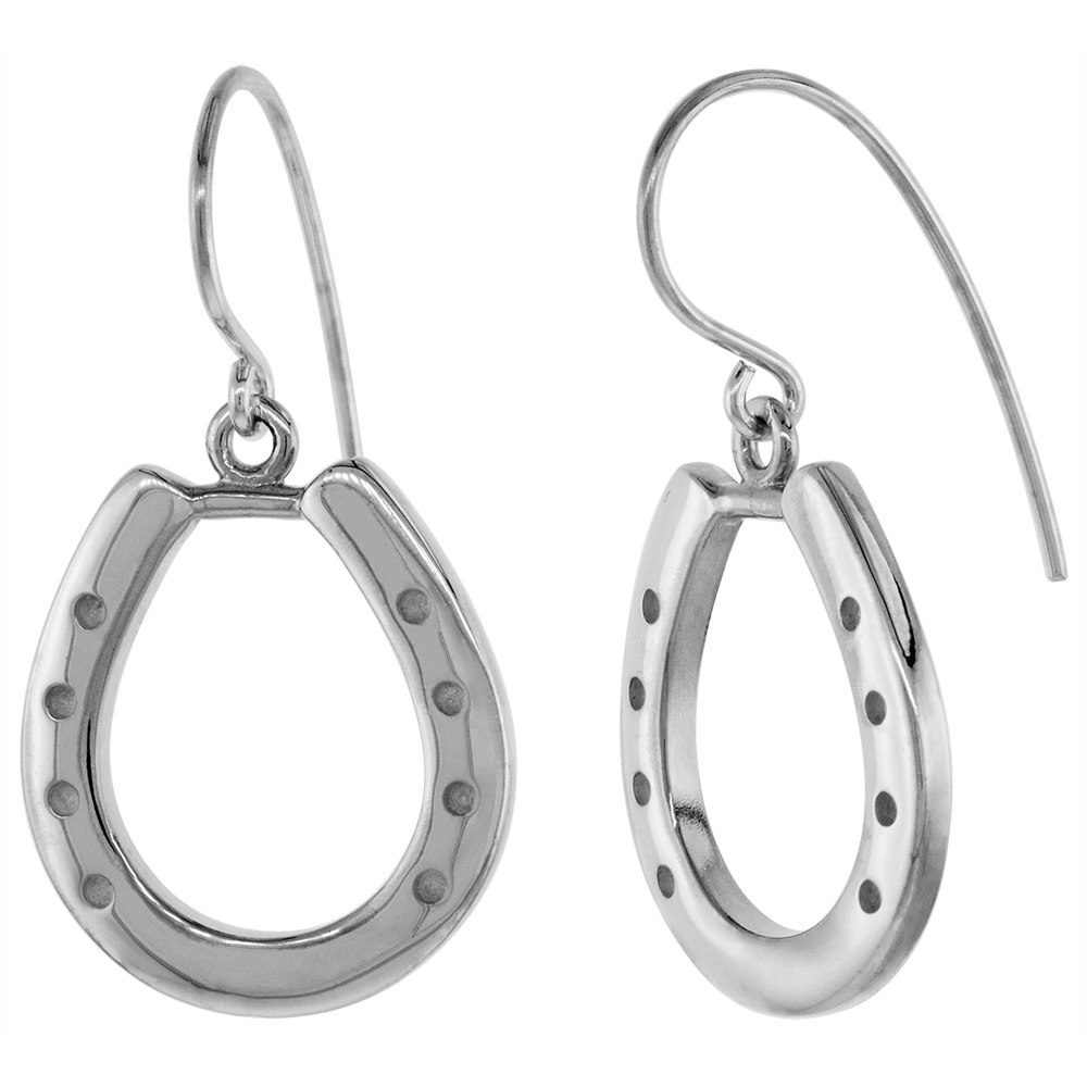 Sterling Silver Horseshoe Earrings for Women Fishhook Flawless High Polish Finish 7/8 inch long