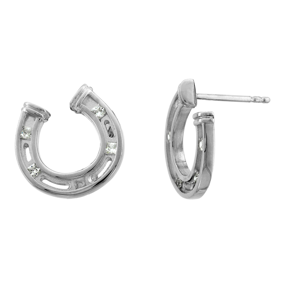 STERLING SILVER PRINCESS CZ HORSESHOE STUD EARRINGS FOR WOMEN FLAWLESS HIGH POLISH 1/2 INCH WIDE