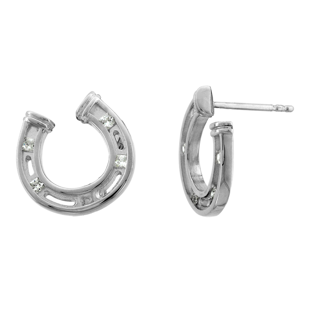 Sterling Silver Princess CZ Horseshoe Stud Earrings for Women Flawless High Polish 1/2 inch wide