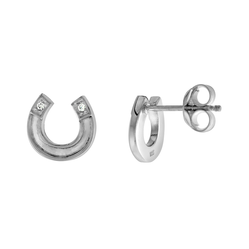 Sterling Silver CZ Ends Horseshoe Stud Earrings for Women & Men Solid back Flawless Polished Finish 3/8 inch wide