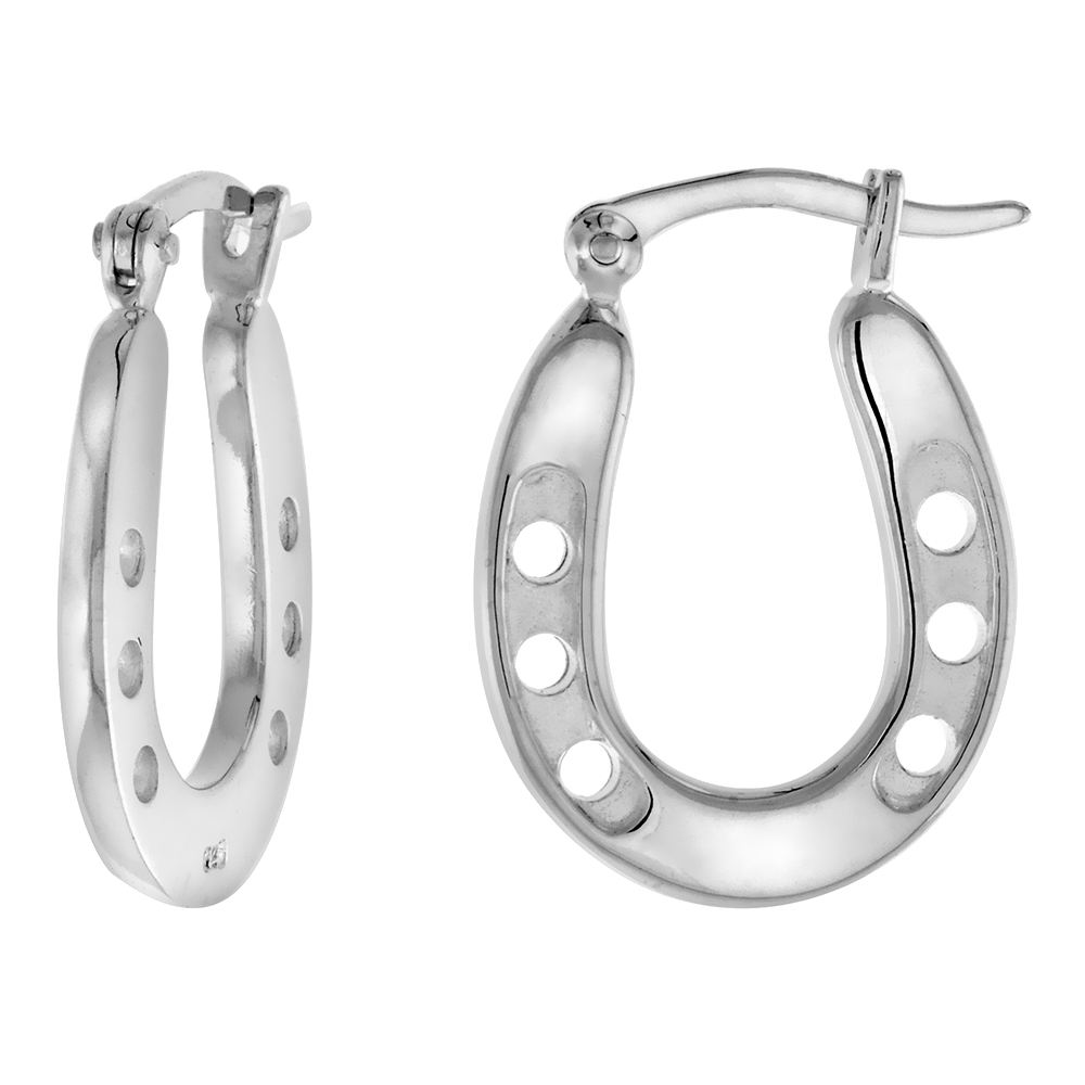 SMALL STERLING SILVER CLICK TOP HORSESHOE HOOP EARRINGS FOR WOMEN SOLID BACK FLAWLESS POLISHED FINISH 7/8 INCH LONG