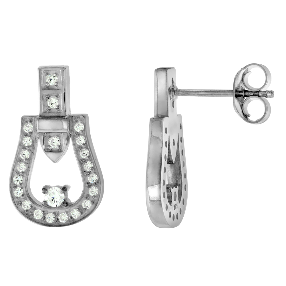 STERLING SILVER CUBIC ZIRCONIA BELT BUCKLE STUD EARRINGS FOR WOMEN SOLID BACK FLAWLESS POLISHED FINISH 3/4 INCH LONG