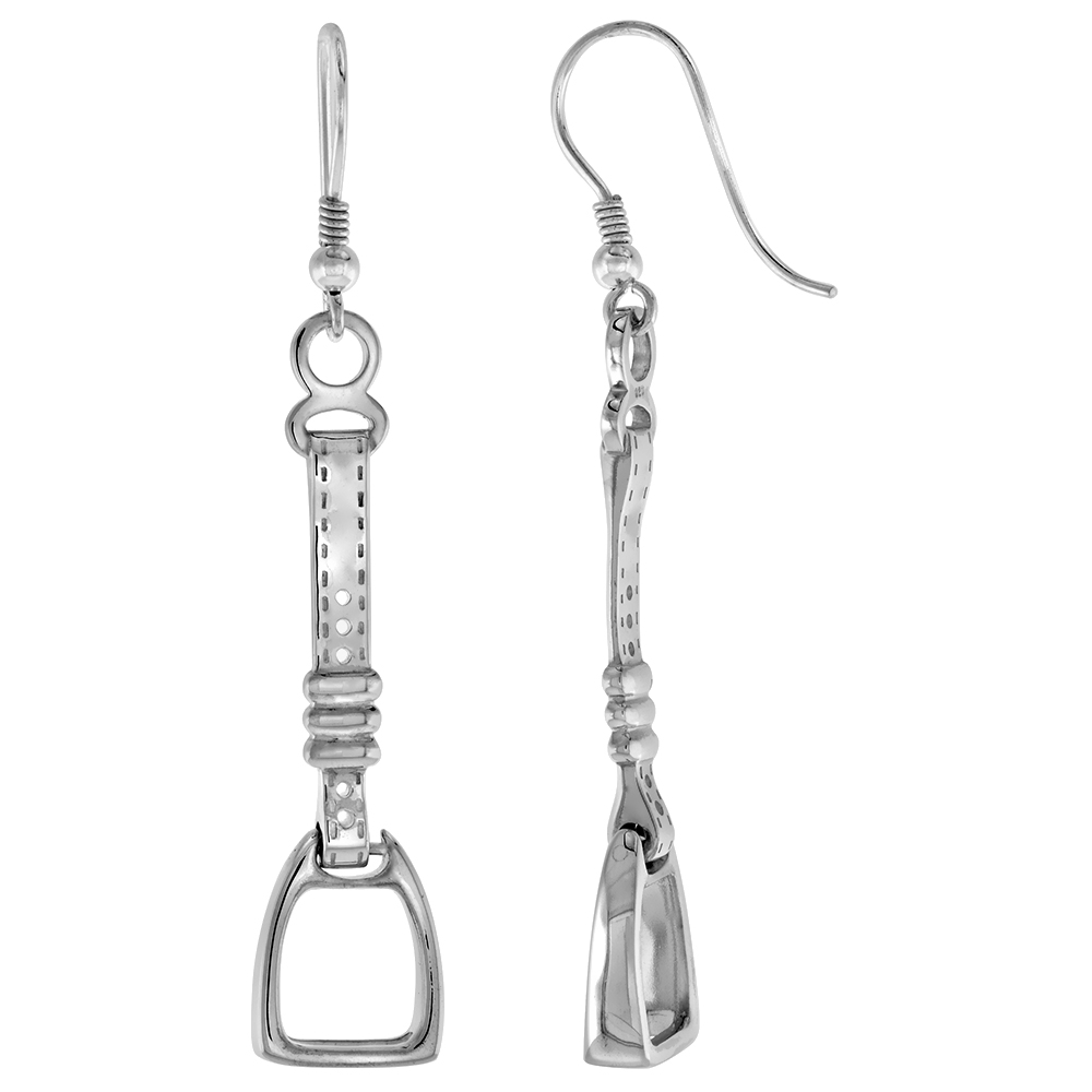 STERLING SILVER FISHHOOK DANGLE STRAP AND STIRRUP EARRINGS FOR WOMEN 2.5 INCH LONG