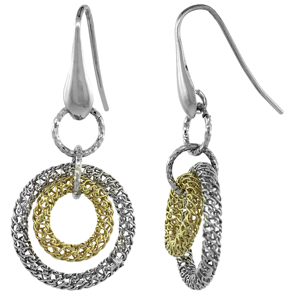 Sterling Silver Italian Filigree Wire Mandala Earrings Diamond Cut Yellow Gold Finish, 2 inches long