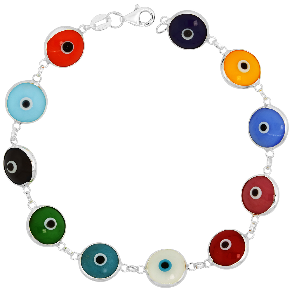 STERLING SILVER EVIL EYE BRACELET FOR WOMEN 10 MM GLASS EYES MULTI COLOR 7 INCH