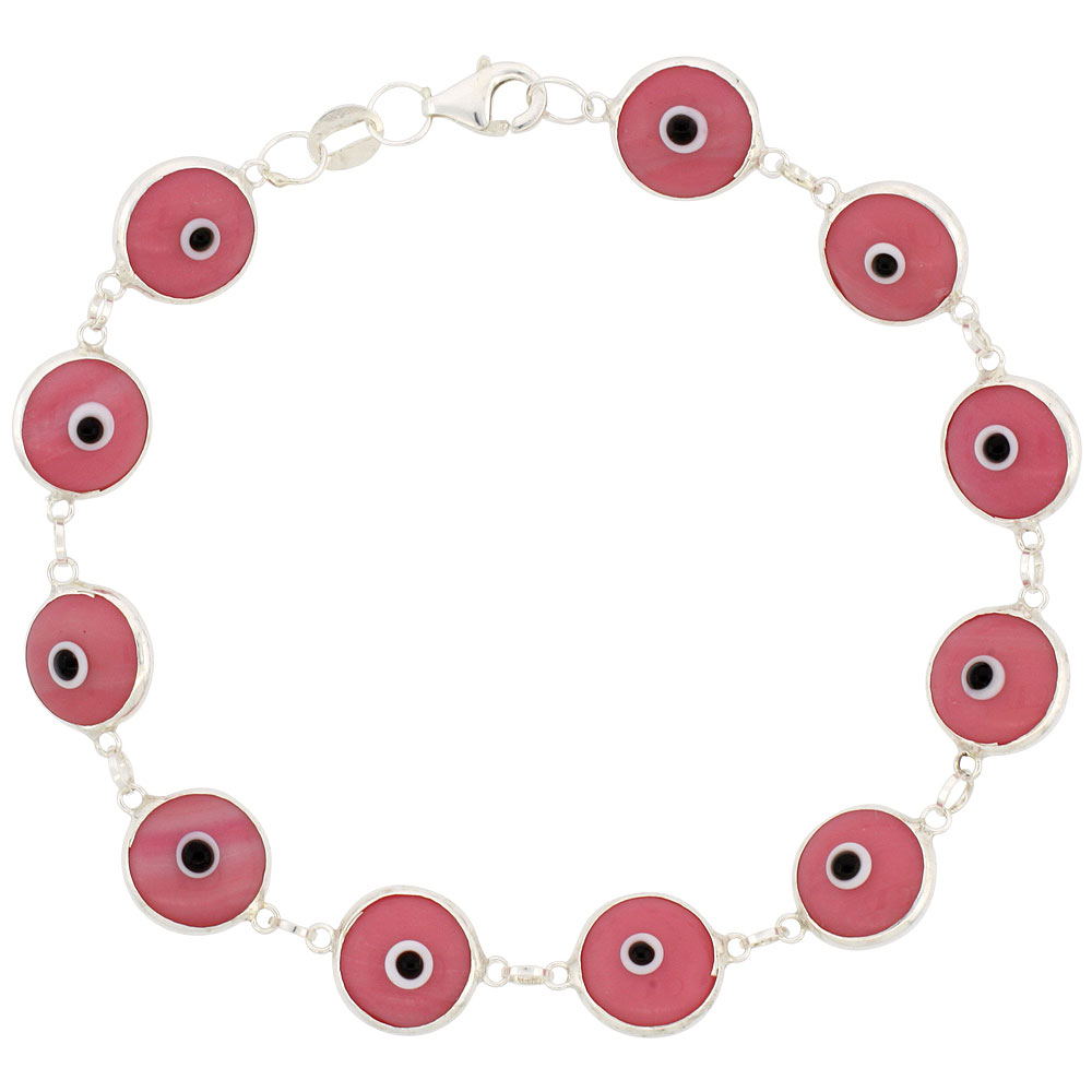 STERLING SILVER EVIL EYE BRACELET FOR WOMEN 10 MM GLASS EYES PINK COLOR 7 INCH
