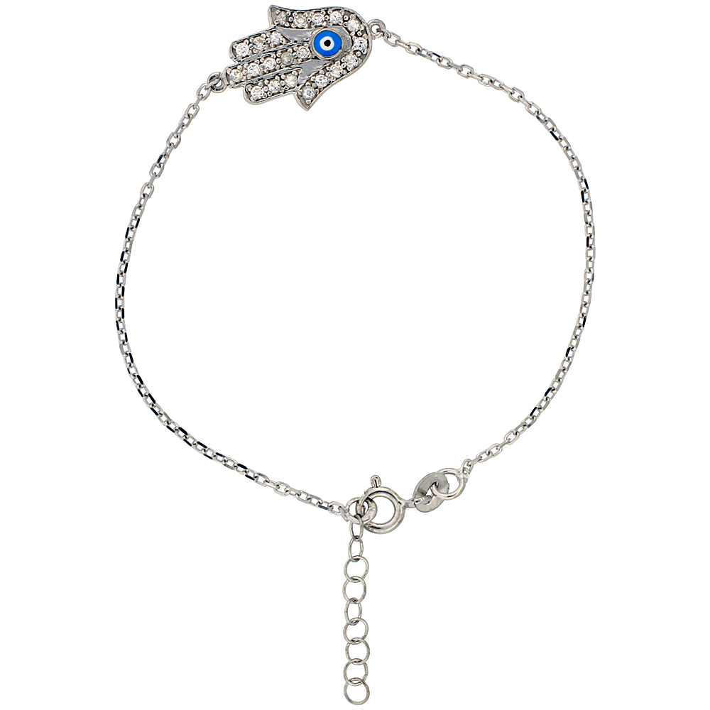 STERLING SILVER CUBIC ZIRCONIA HAMSA CHARM BRACELET, 6.75 INCH
