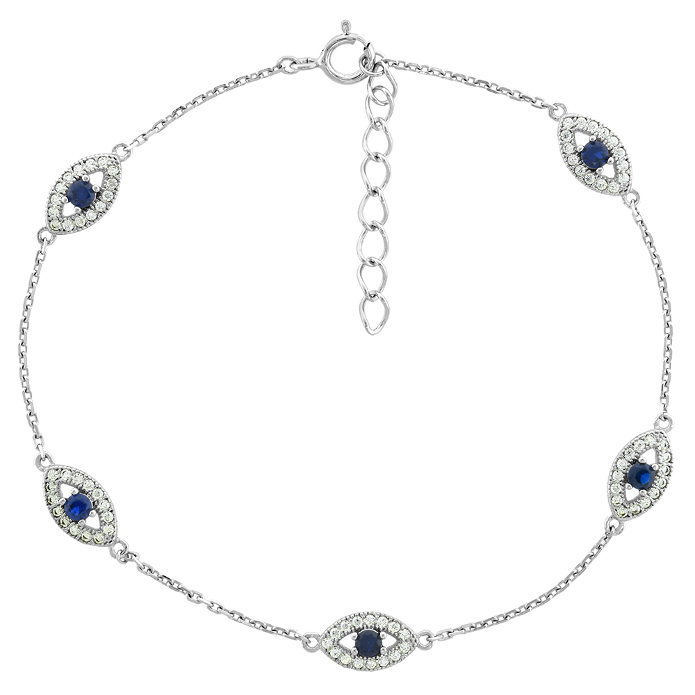 STERLING SILVER CUBIC ZIRCONIA EVIL EYE CHARM BRACELET, 7 INCHES LONG + 1 IN EXTENSION