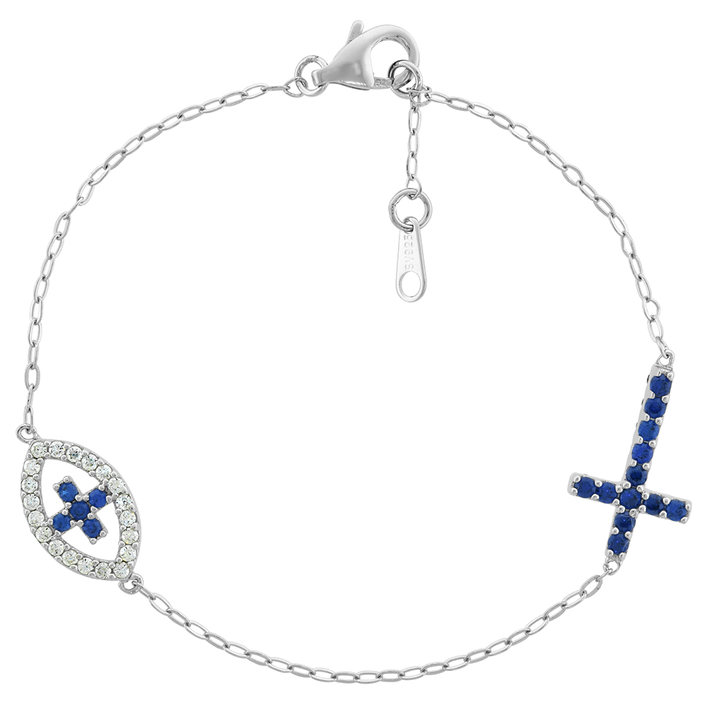 Sterling Silver Cubic Zirconia Blue Cross Evil Eye Charm Bracelet, 6.25 inches long + 3/4 in extension