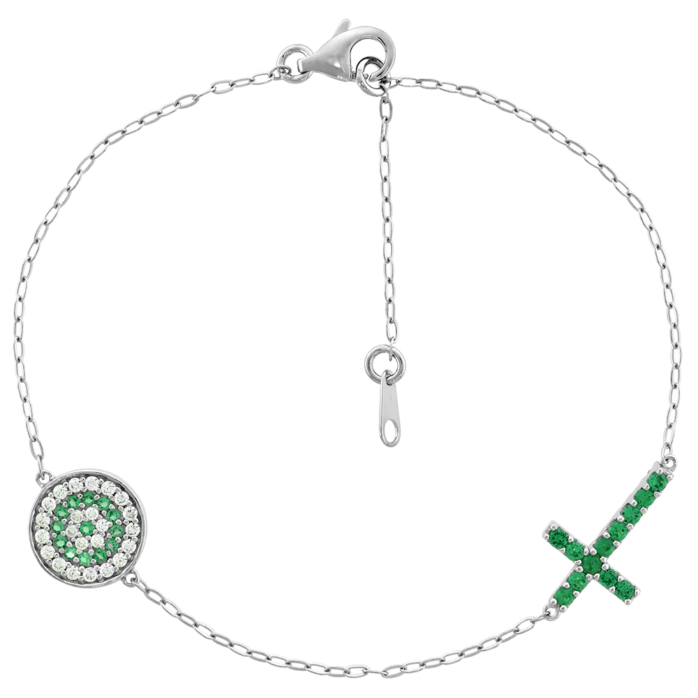 STERLING SILVER CUBIC ZIRCONIA GREEN CROSS EVIL EYE CHARM BRACELET, 7.25 INCHES LONG + 1 IN EXTENSION