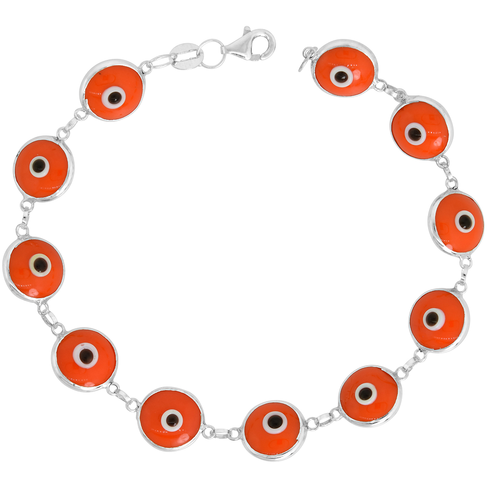 STERLING SILVER EVIL EYE BRACELET FOR WOMEN 10 MM GLASS EYES ORANGE COLOR 7 INCH