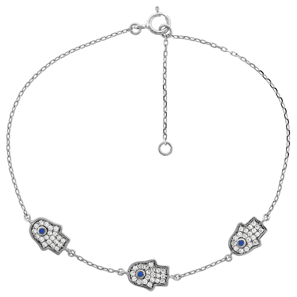 STERLING SILVER CUBIC ZIRCONIA HAMSA CHARM BRACELET, 7.25 INCHES LONG + 1 IN EXTENSION