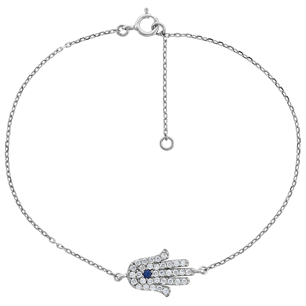 STERLING SILVER CUBIC ZIRCONIA HAMSA CHARM BRACELET, 7 INCHES LONG + 1 IN EXTENSION