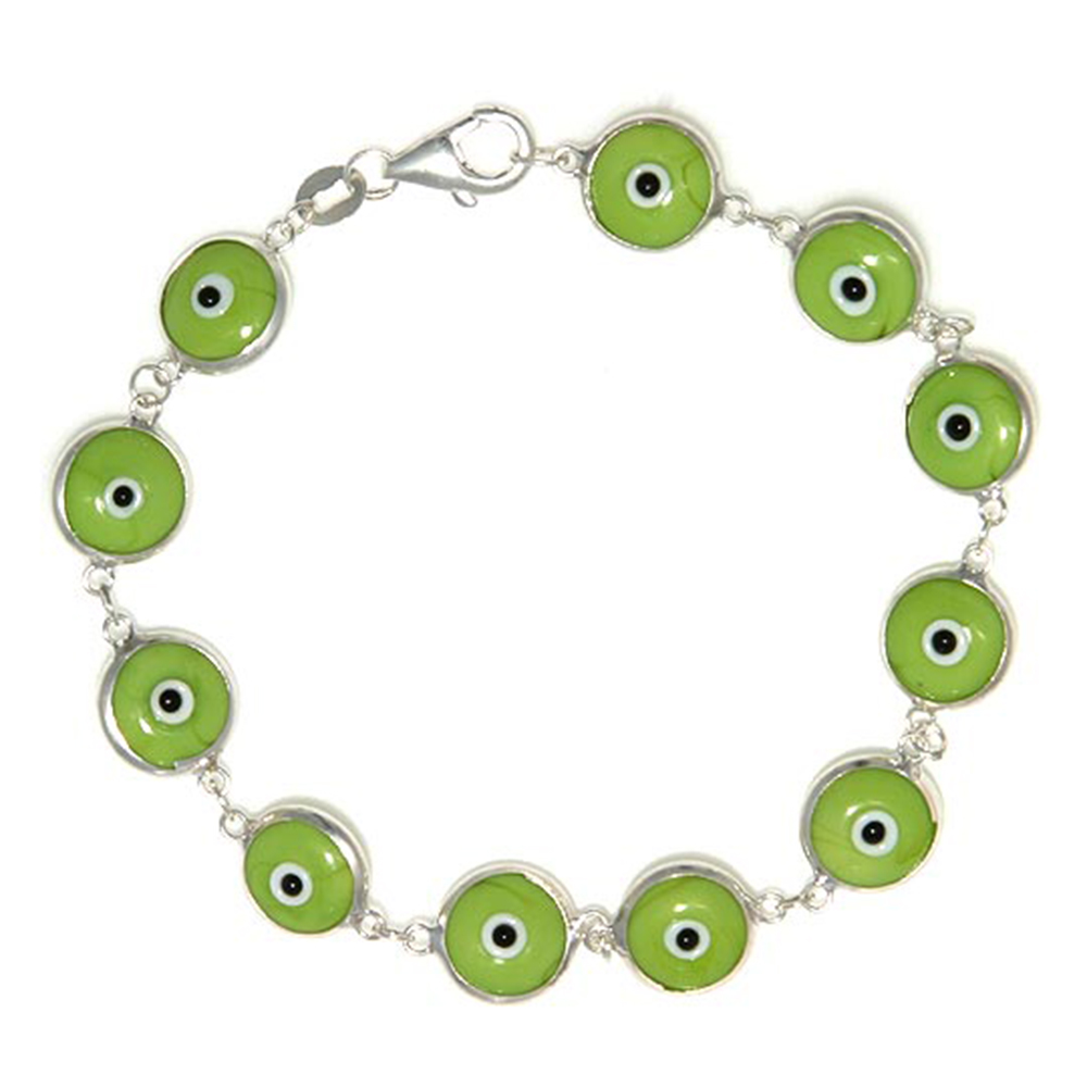 STERLING SILVER EVIL EYE BRACELET FOR WOMEN 10 MM GLASS EYES PISTACHIO GREEN COLOR 7 INCH
