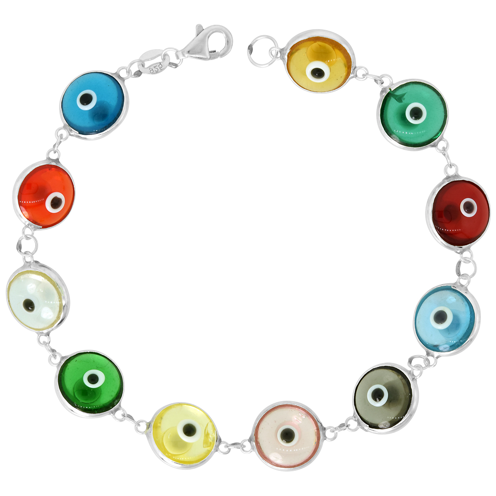 STERLING SILVER EVIL EYE BRACELET FOR WOMEN 10 MM GLASS EYES CLEAR MULTI COLOR CLEAR 7 INCH