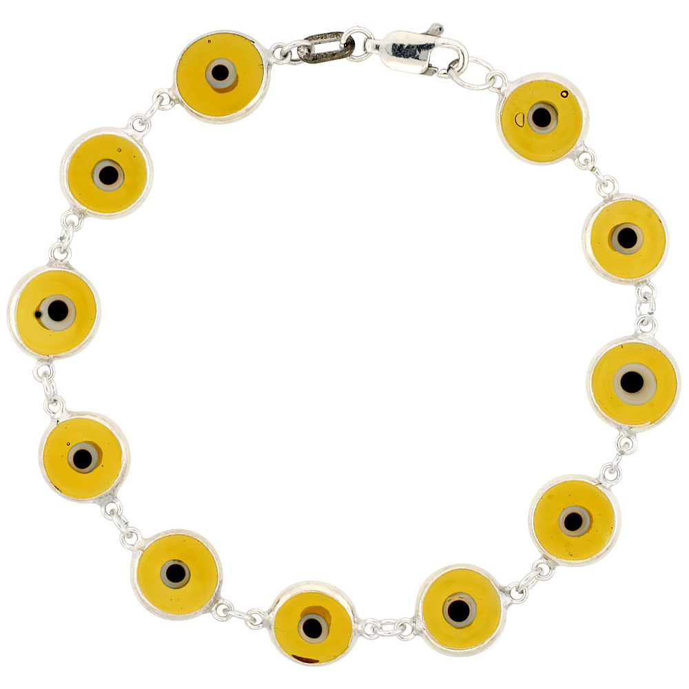 STERLING SILVER EVIL EYE BRACELET FOR WOMEN 10 MM GLASS EYES CLEAR LEMON YELLOW COLOR 7 INCH