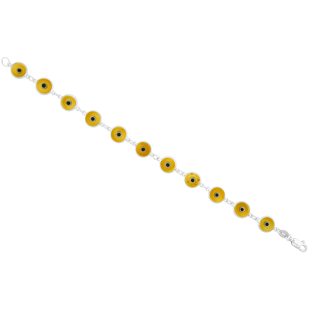 STERLING SILVER LARGE EVIL EYE BRACELET LIGHT AMBER, 7 INCH