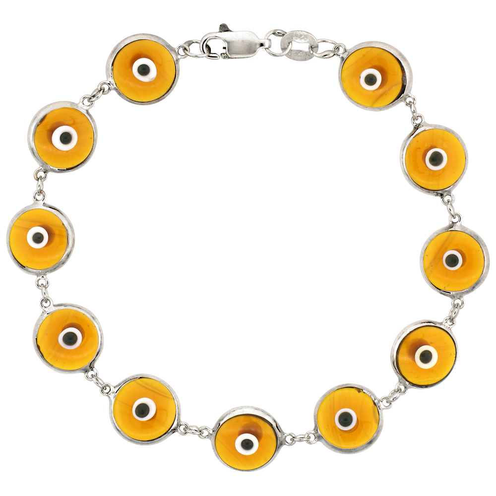 STERLING SILVER EVIL EYE BRACELET FOR WOMEN 10 MM GLASS EYES CLEAR AMBER COLOR 7 INCH