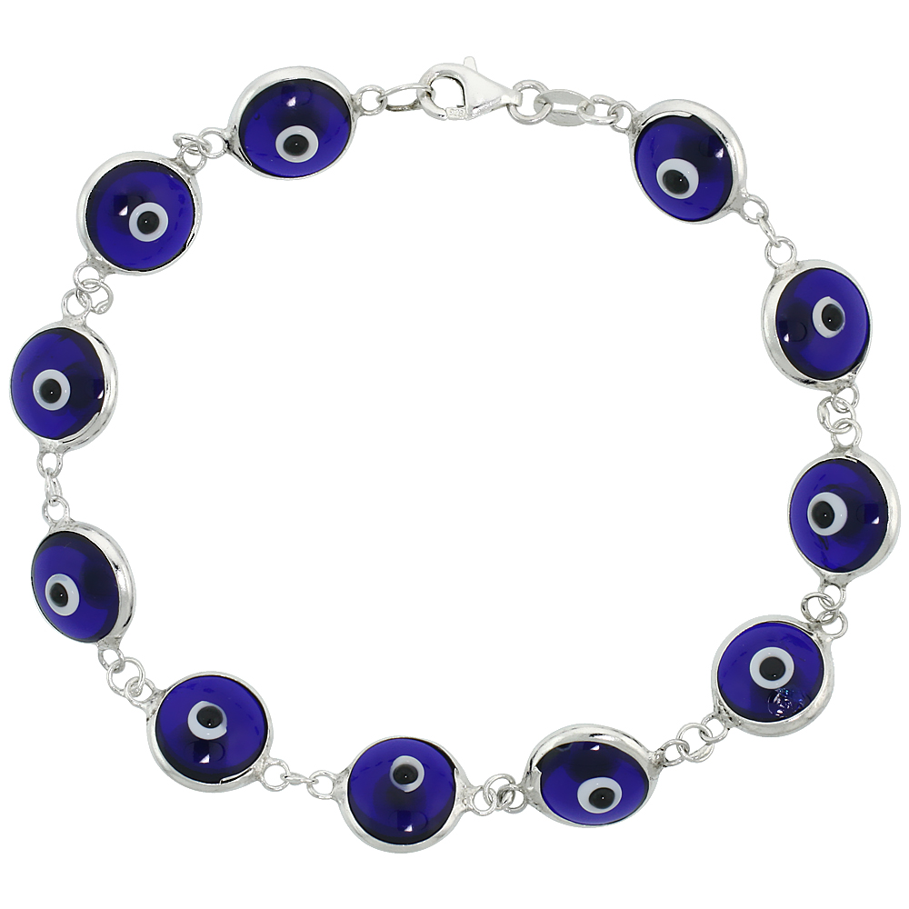 STERLING SILVER EVIL EYE BRACELET FOR WOMEN 10 MM GLASS EYES NAVY BLUE COLOR 7 INCH