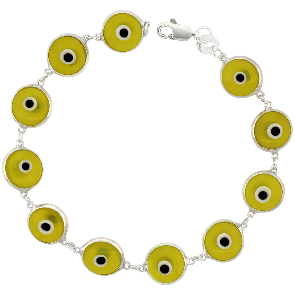 Sterling Silver Evil Eye Bracelet for Women and Girls 10 mm Glass Eyes Clear Peridot Green Color 7 inch