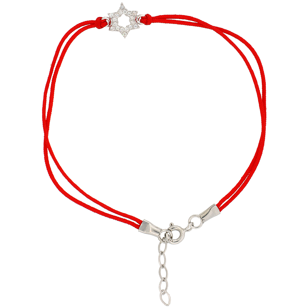 STERLING SILVER CUBIC ZIRCONIA RED SILK STAR OF DAVID CHARM BRACELET 6.5 INCH 1 INCH EXTENSION