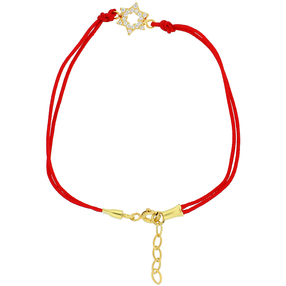 STERLING SILVER CUBIC ZIRCONIA RED SILK STAR OF DAVID CHARM BRACELET GOLD PLATED, 6.5 INCH 1 INCH EXTENSION