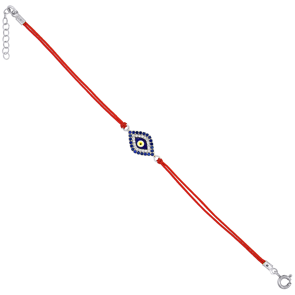 STERLING SILVER CUBIC ZIRCONIA RED SILK EVIL EYE CHARM BRACELET, 6.5 INCH 1 INCH EXTENSION
