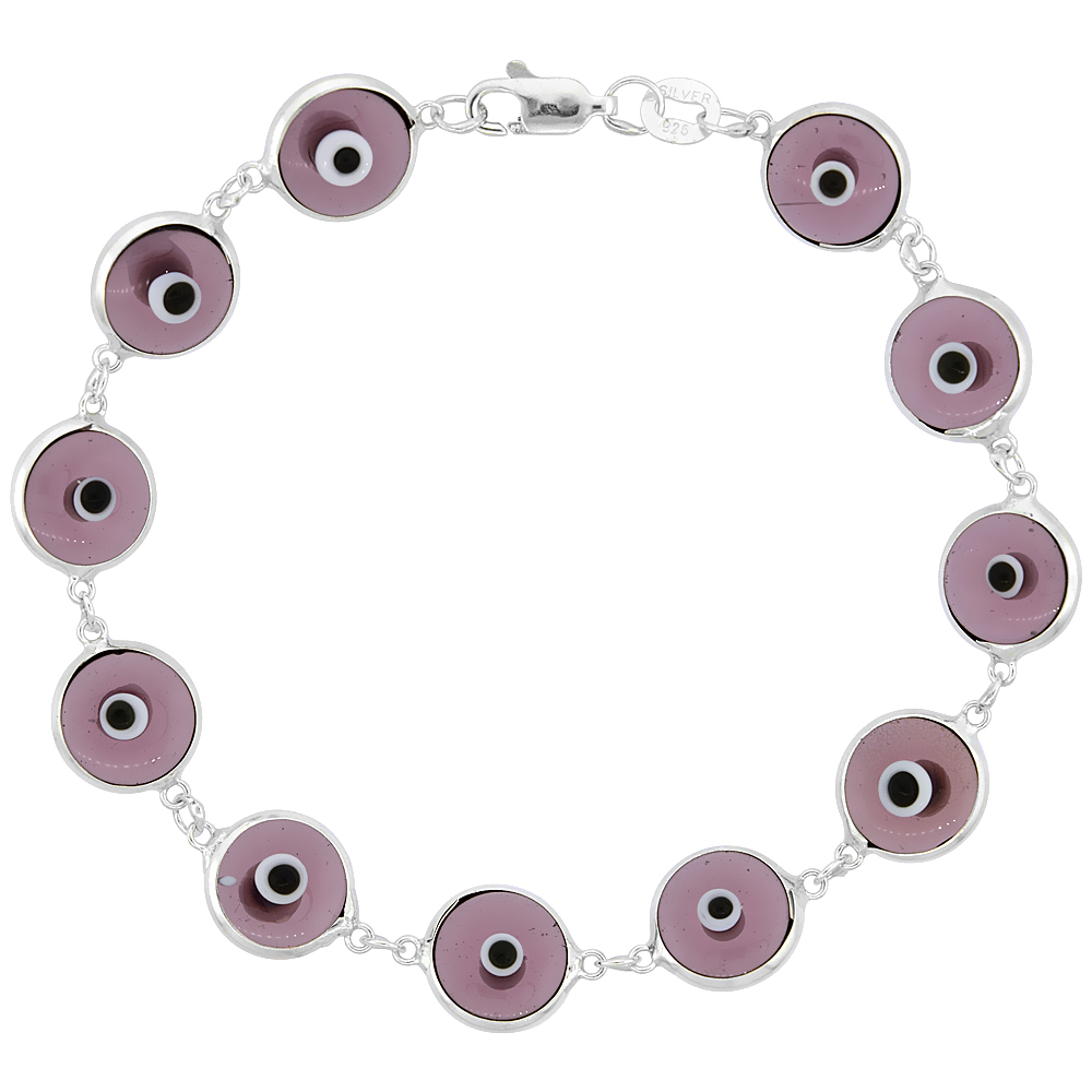 STERLING SILVER EVIL EYE BRACELET FOR WOMEN 10 MM GLASS EYES CLEAR AMETHYST PURPLE COLOR 7 INCH
