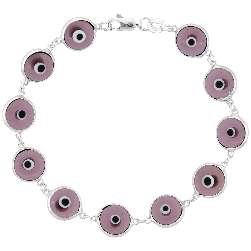 Sterling Silver Evil Eye Bracelet for Women and Girls 10 mm Glass Eyes Clear Amethyst Purple Color 7 inch