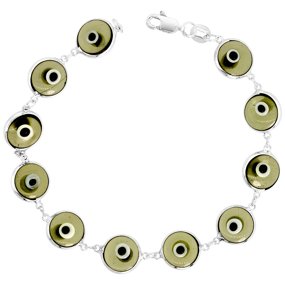 STERLING SILVER EVIL EYE BRACELET FOR WOMEN 10 MM GLASS EYES CLEAR SMOKEY QUARTZ COLOR 7 INCH