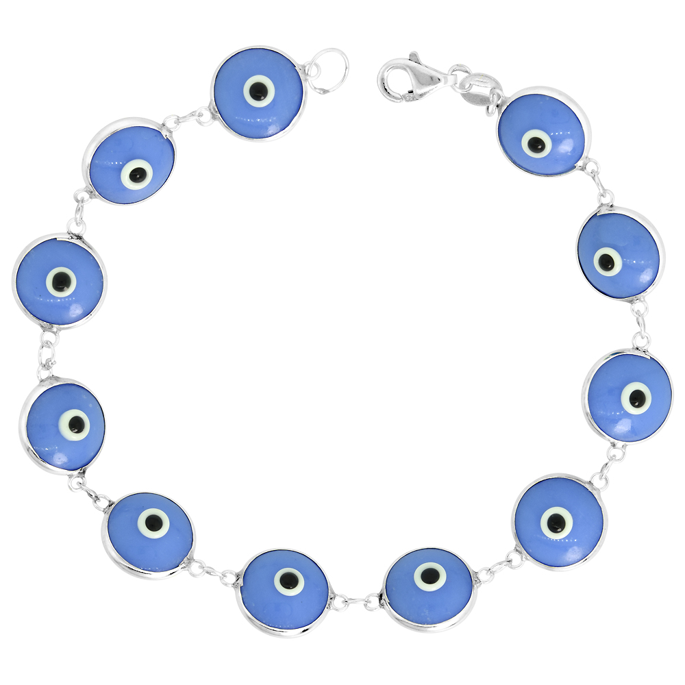 STERLING SILVER EVIL EYE BRACELET FOR WOMEN 10 MM GLASS EYES DENIM BLUE COLOR 7 INCH