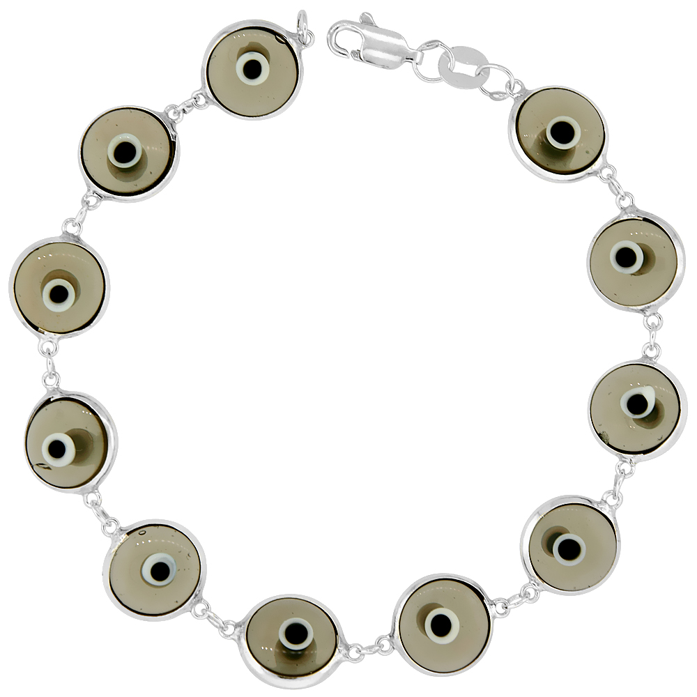 STERLING SILVER EVIL EYE BRACELET CLEAR LIGHT GRAY, 3/8 INCH (10 MM) WIDE