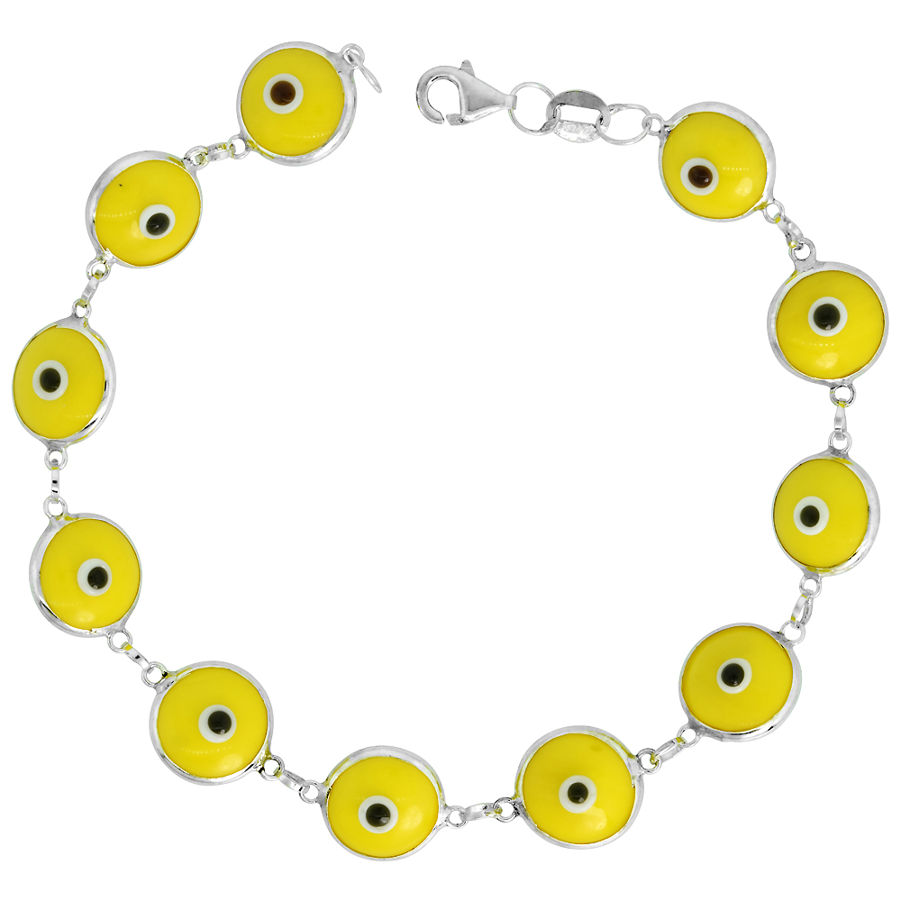 STERLING SILVER EVIL EYE BRACELET FOR WOMEN 10 MM GLASS EYES YELLOW COLOR 7 INCH