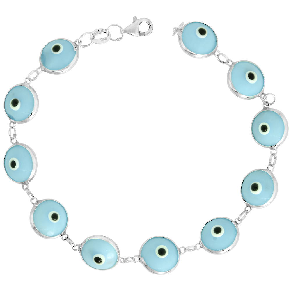 STERLING SILVER EVIL EYE BRACELET FOR WOMEN 10 MM GLASS EYES SKY BLUE COLOR 7 INCH
