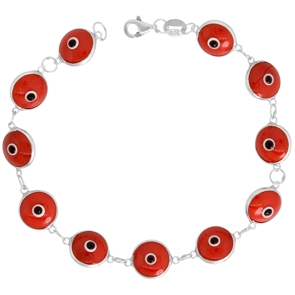 STERLING SILVER EVIL EYE BRACELET FOR WOMEN 10 MM GLASS EYES BURGUNDY COLOR 7 INCH
