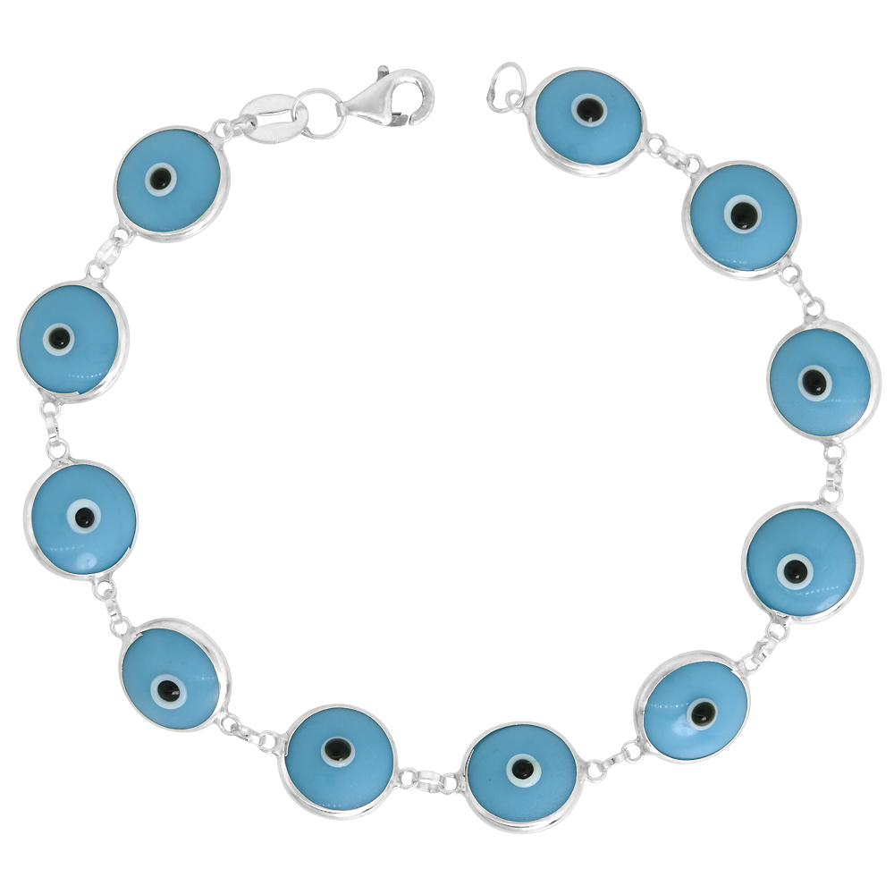 Sterling Silver Evil Eye Bracelet for Women and Girls 10 mm Glass Eyes Turquoise Color 7 inch