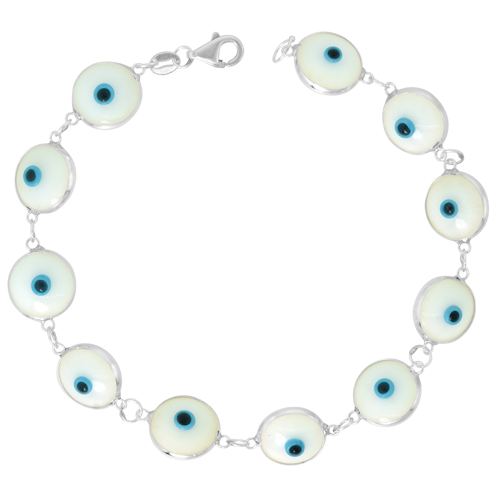 STERLING SILVER EVIL EYE BRACELET FOR WOMEN 10 MM GLASS EYES WHITE COLOR 7 INCH