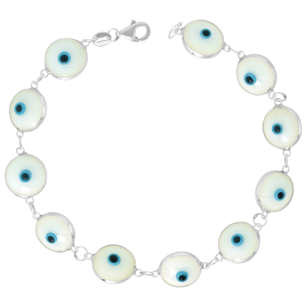 Sterling Silver Evil Eye Bracelet for Women and Girls 10 mm Glass Eyes White Color 7 inch