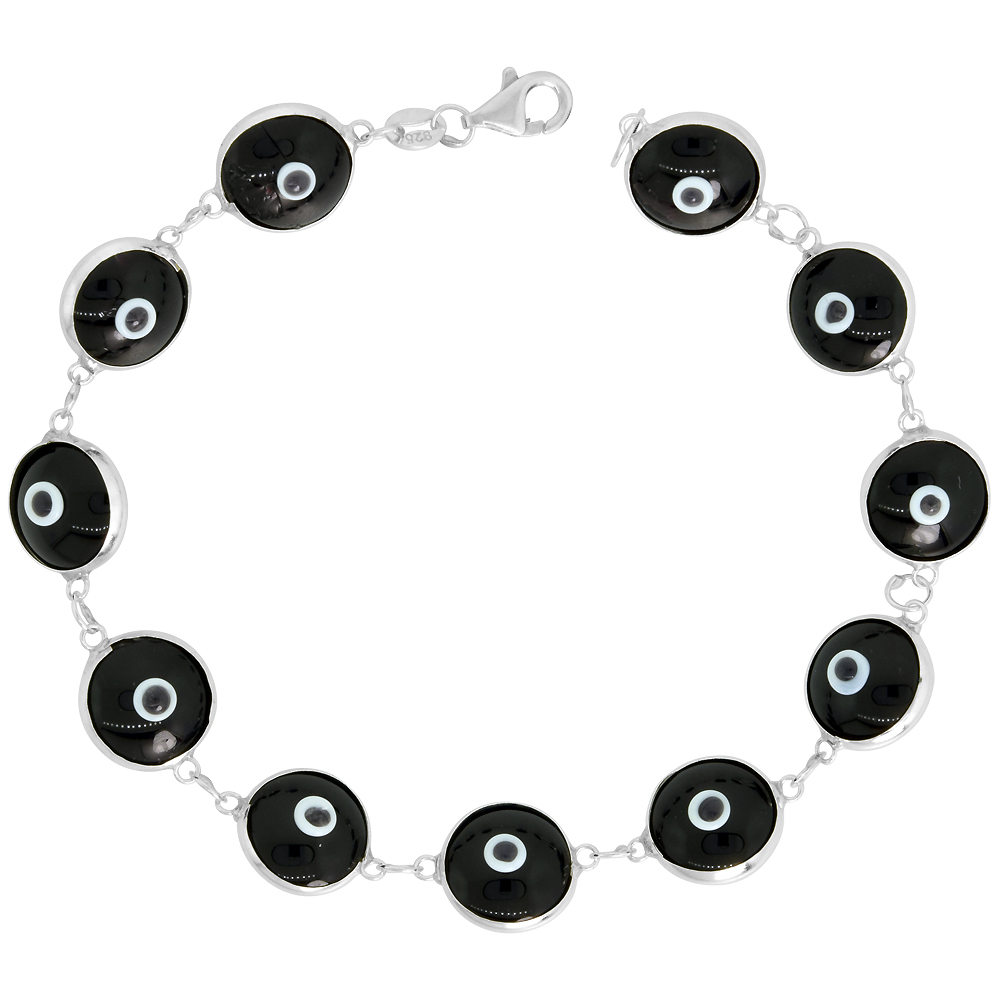 STERLING SILVER EVIL EYE BRACELET FOR WOMEN 10 MM GLASS EYES BLACK COLOR 7 INCH