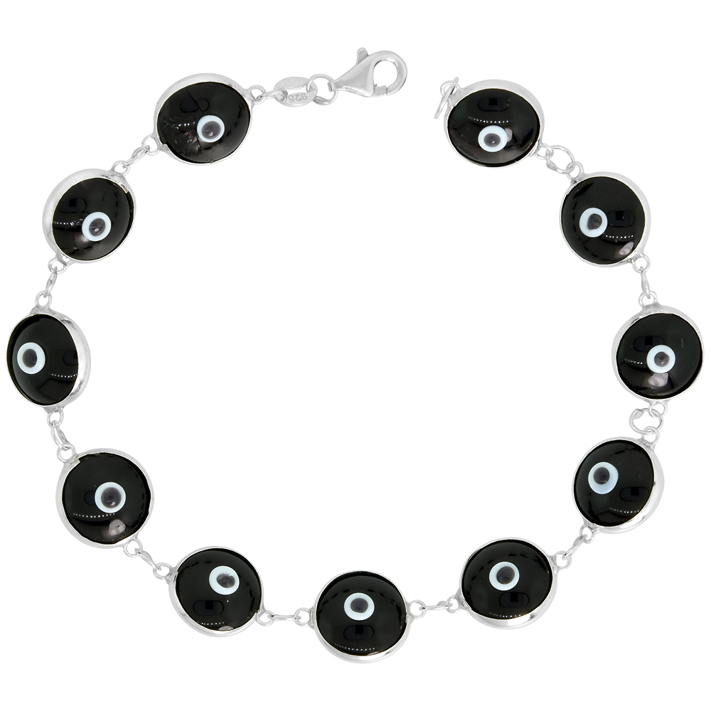Sterling Silver Black Evil Eye Bracelet for Women and Girls 10 mm Glass Eye Beads 8 inch