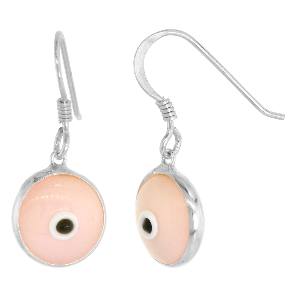 Sterling Silver Pink Color Evil Eye Earrings for Women and Girls 10mm Glass Eyes with Fish Hook