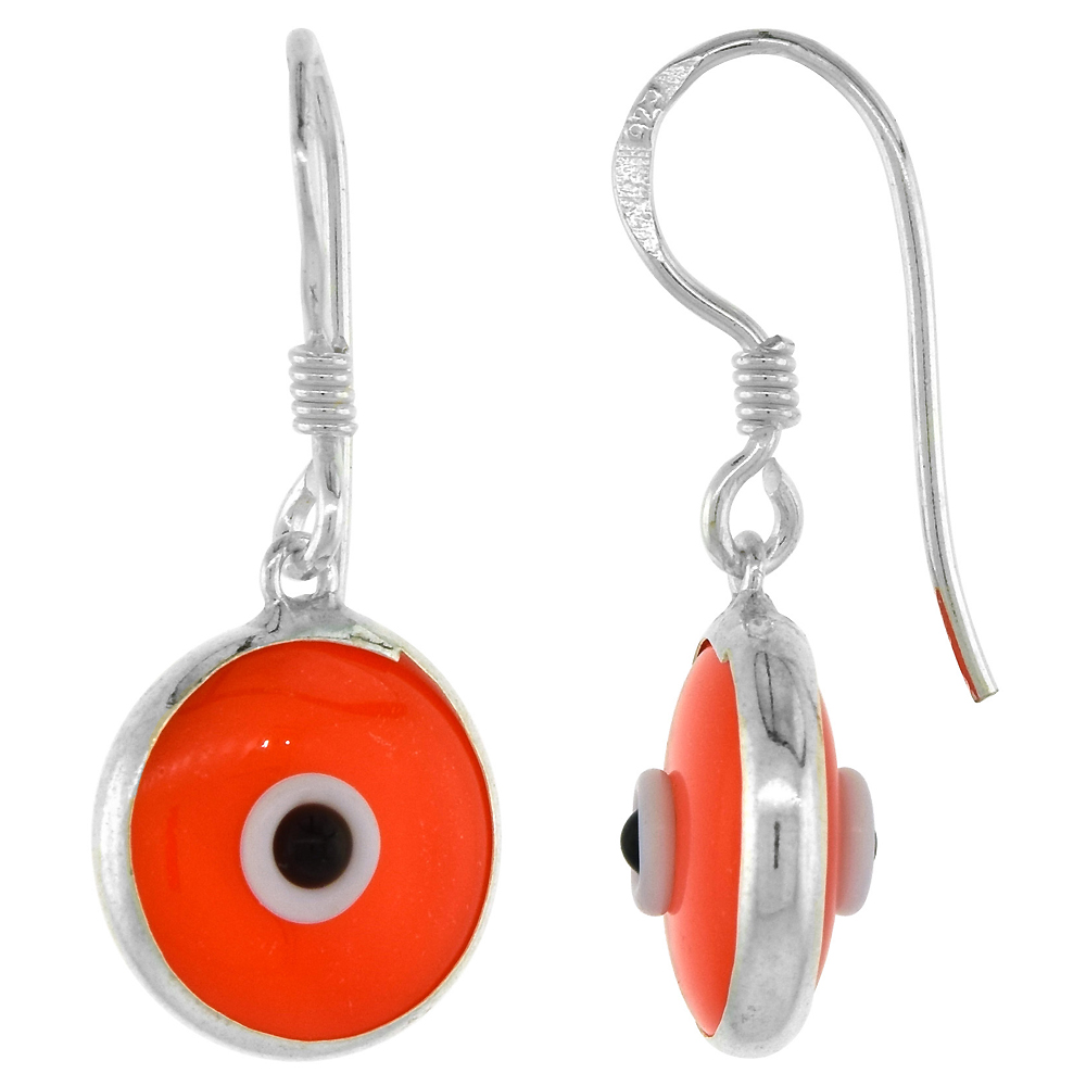 Sterling Silver Orange Color Evil Eye Earrings for Women and Girls 10mm Glass Eyes with Fish Hook