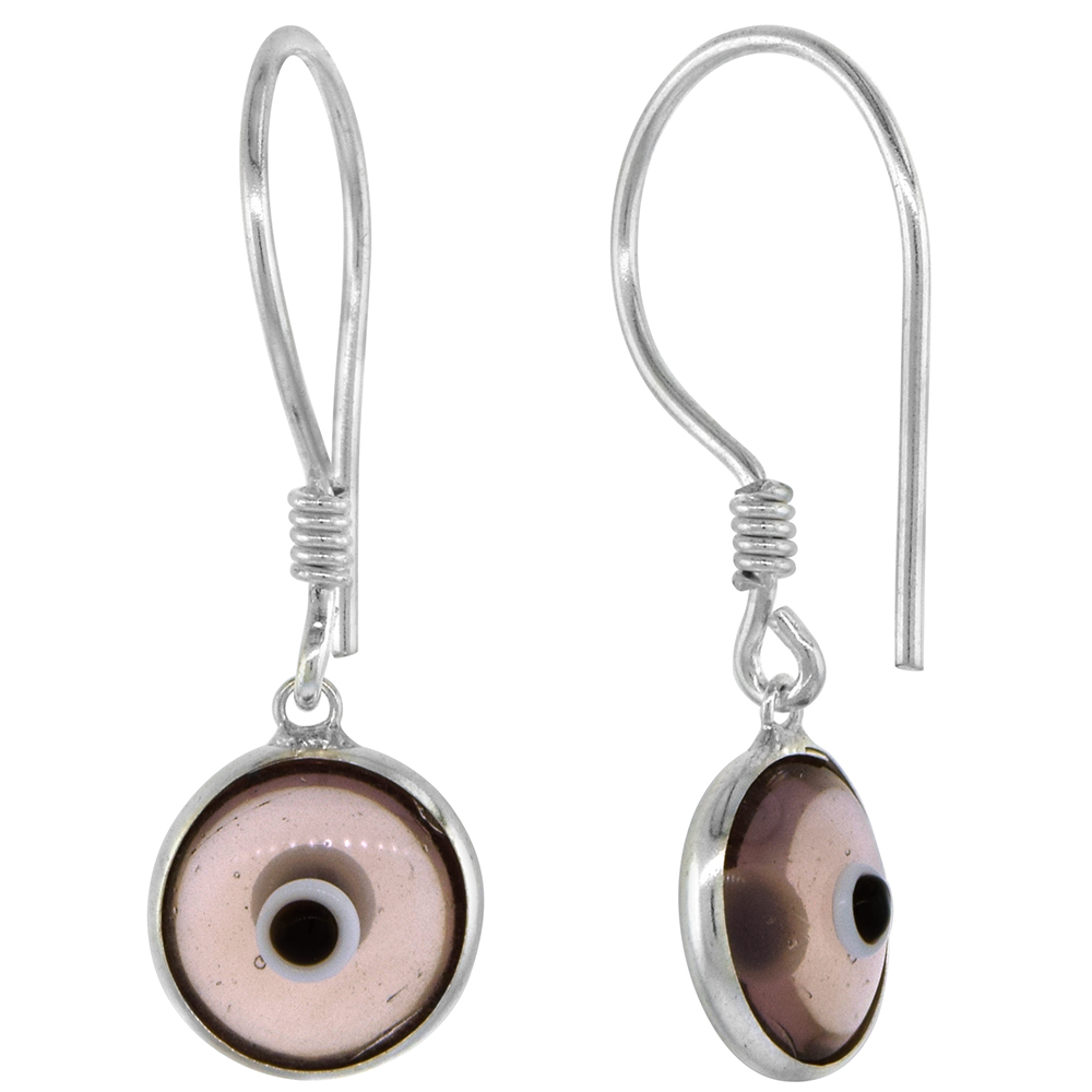 Sterling Silver Clear Amethyst Purple Color Evil Eye Earrings for Women and Girls 10mm Glass Eyes with Fish Hook