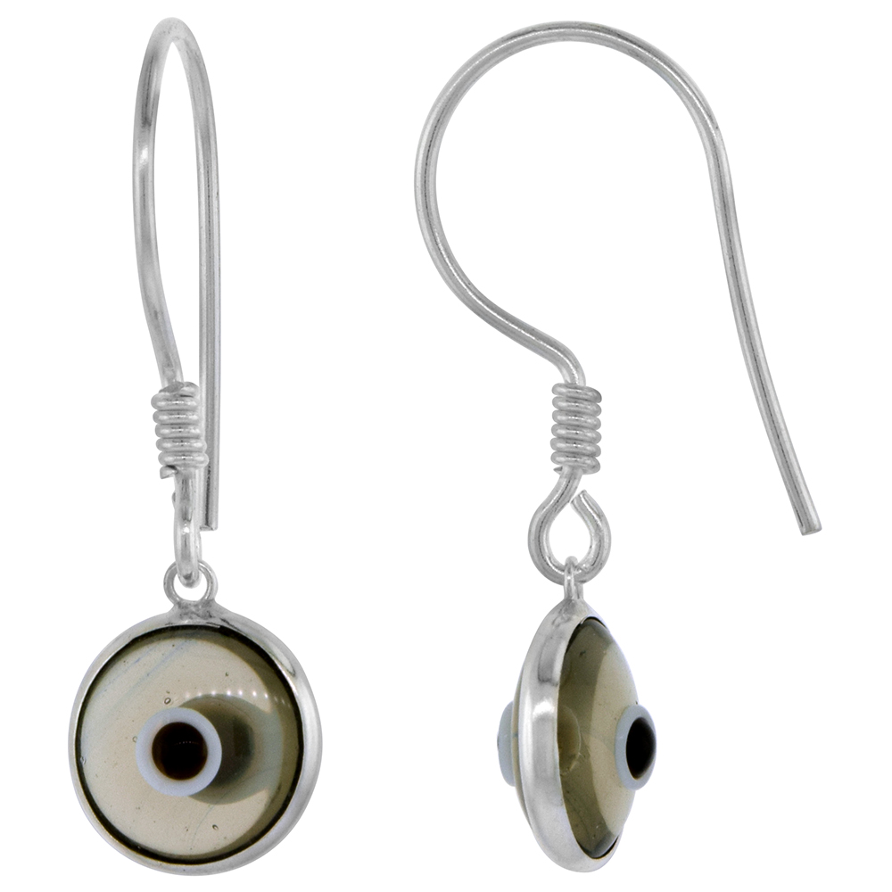 Sterling Silver Clear Smokey Quartz Color Evil Eye Earrings for Women and Girls 10mm Glass Eyes with Fish Hook