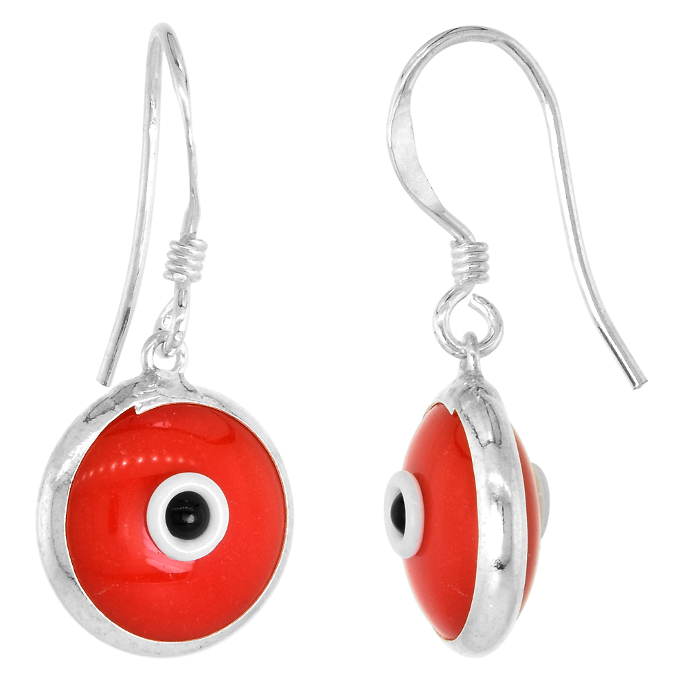 STERLING SILVER RED COLOR EVIL EYE EARRINGS FOR WOMEN & TEENS 10MM GLASS EYES WITH FISH HOOK