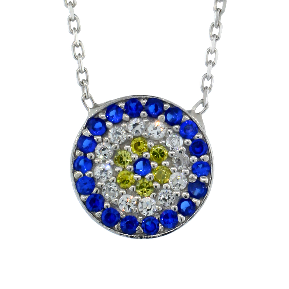 Sterling Silver Cubic Zirconia Evil Eye Necklace Round 1/2 inch (11 mm), 16 inch 