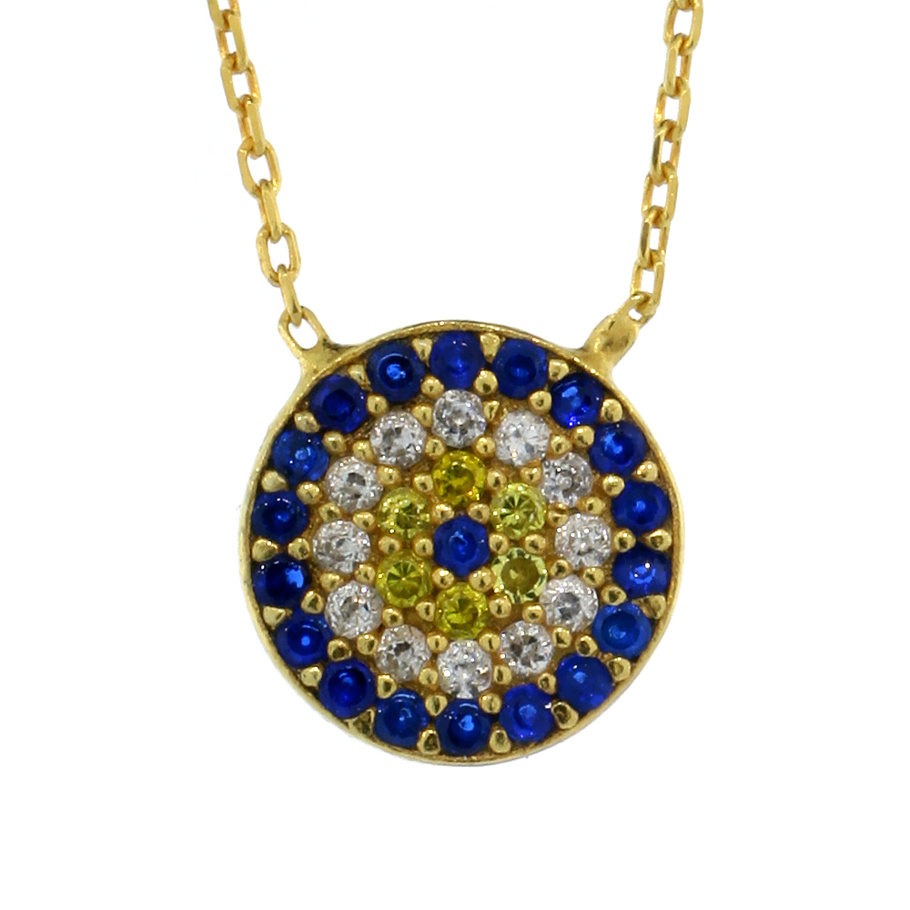 Sterling Silver Cubic Zirconia Evil Eye Necklace Gold Plated Round 1/2 inch (11 mm) 16 inch